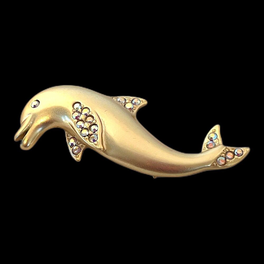 Vintage 1980s Dolphin Brooch Aurora Borealis Rhinestone Matte Gold Tone - 6I